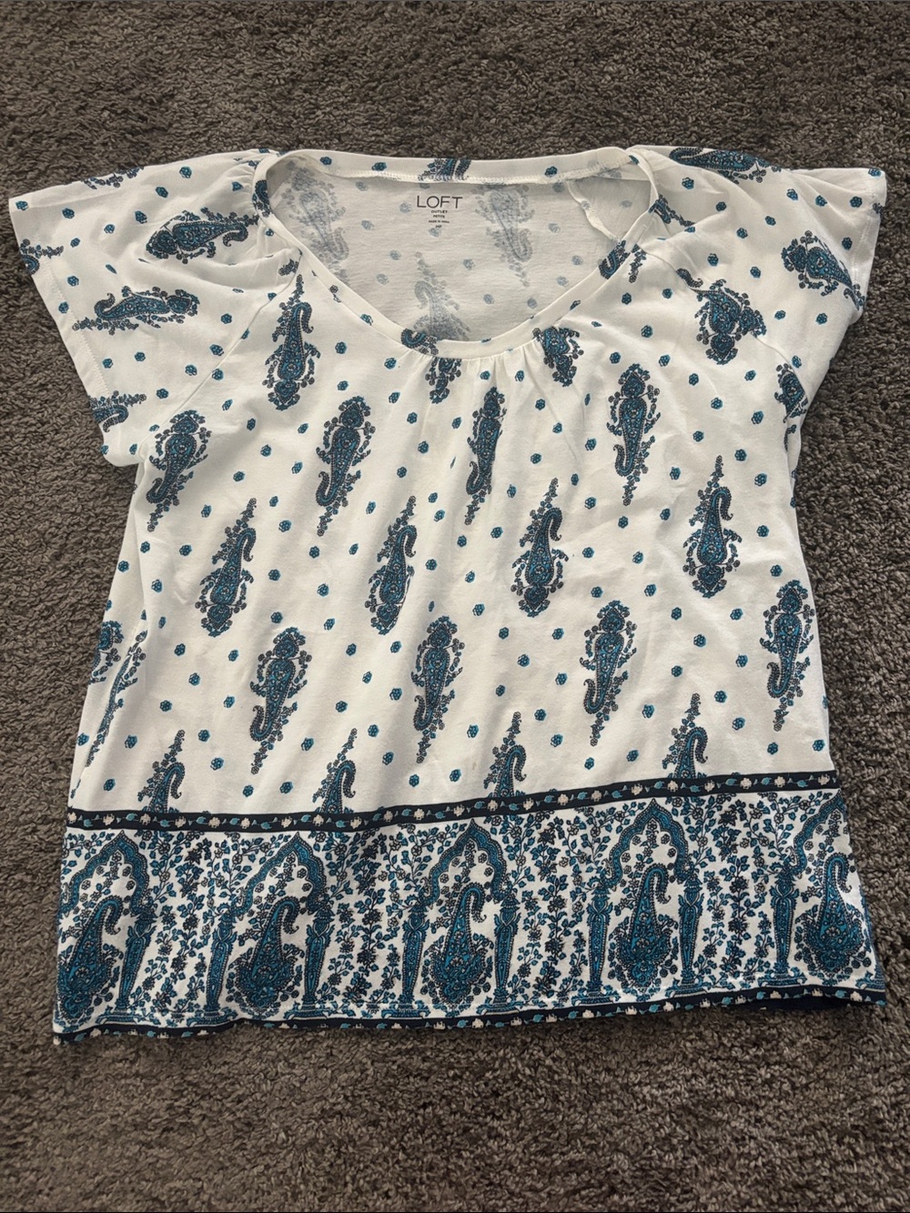 LOFT White Blouse with Teal Paisley Border